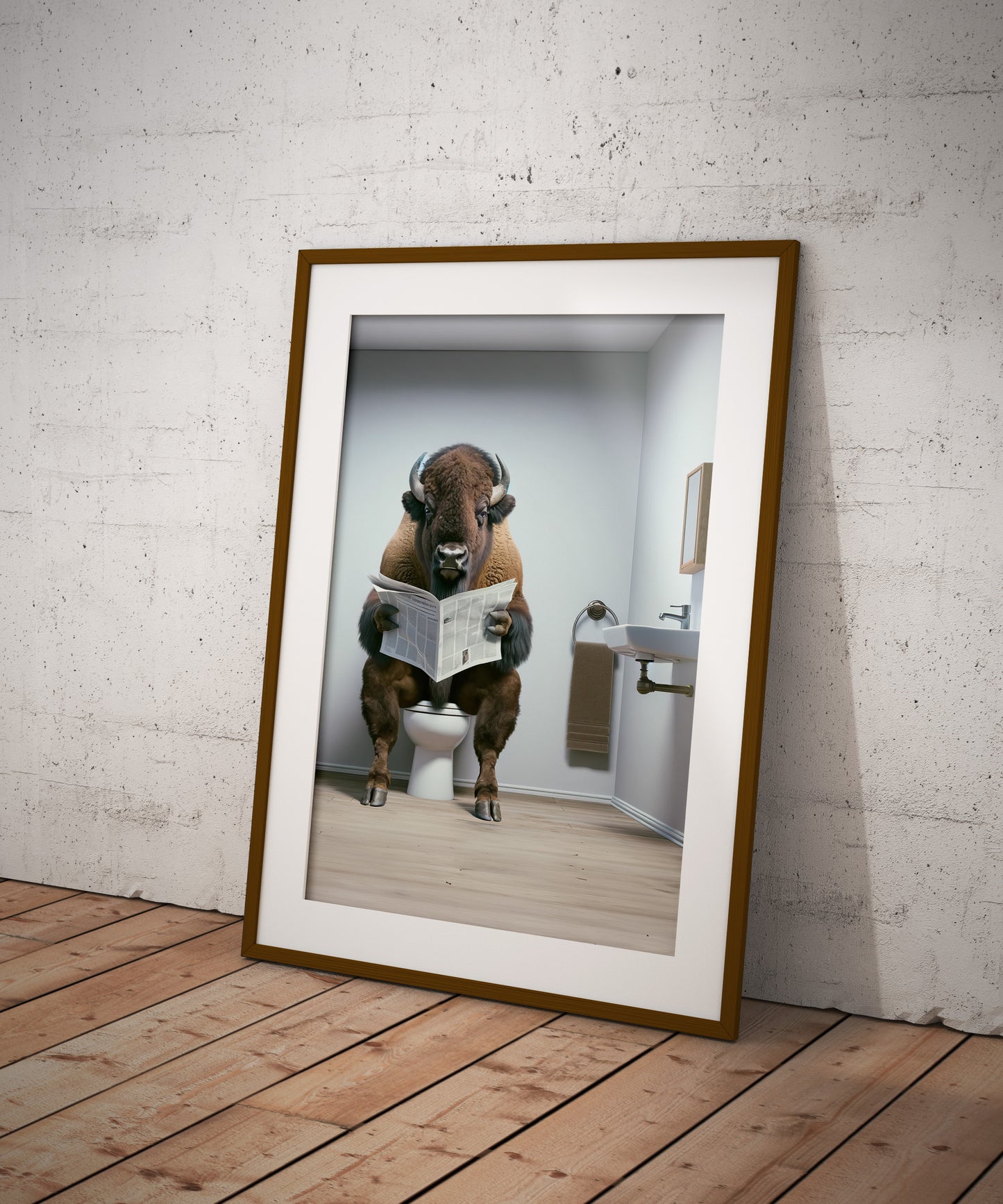 Funny Bison Reading Newspaper on Toilet Poster - Unique Bathroom Wall Art, WC Decor, Humorous Gift