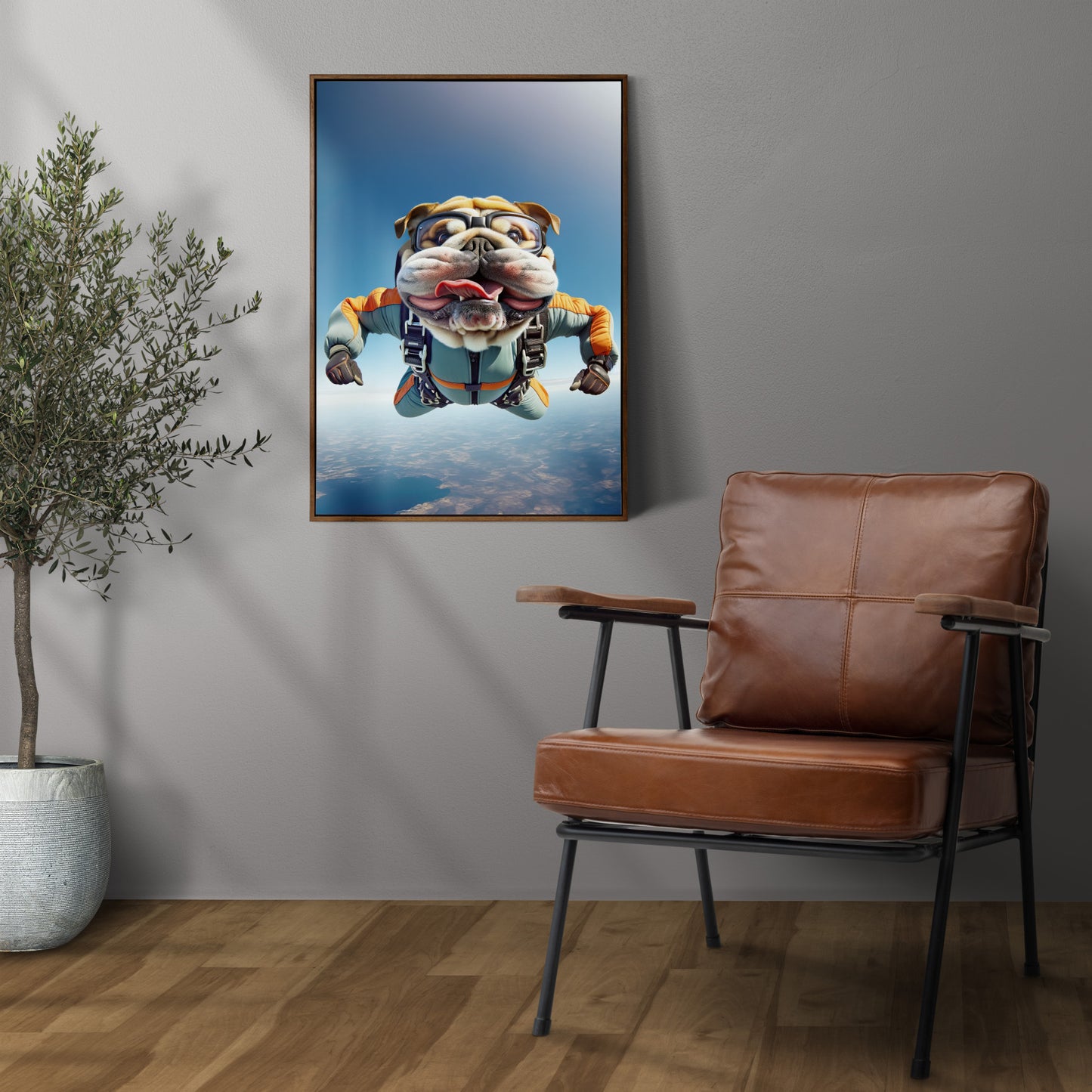 Affiche mural Bulldog Anglais en chute libre, Poster Saut en Parachute, Décor Animal Skydiving, Idée cadeau unique