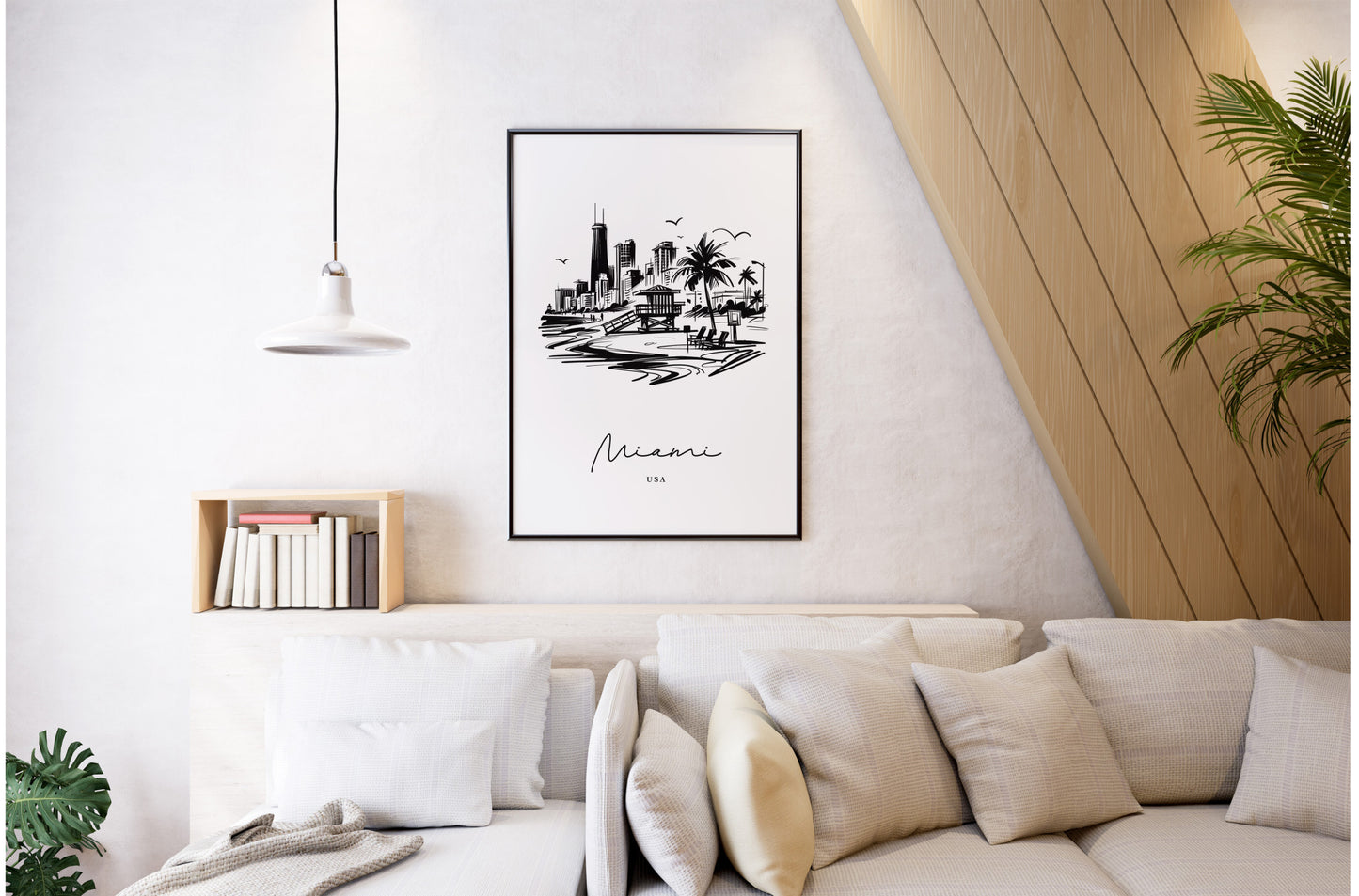 Miami Poster - Black and White Sketch of Landmarks | Living Room, Bedroom & Office Wall Art | Unique Travel Gift Decor