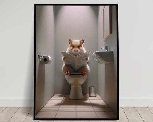 Poster Humour Hamster Lisant aux Toilettes, Décoration Salle de Bain, Cadeau Amusant, Art Mural, Décoration Toilette Originale