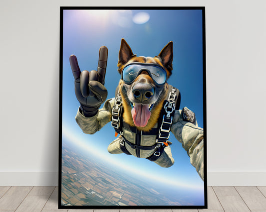 Affiche Murale Malinois Parachutiste, Poster Animal Skydiving, Décoration Sport Extrême, Cadeau Unique