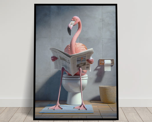 Poster Humour : Flamant Rose lisant le journal sur les toilettes, Décoration Salle de bain, Cadre WC, Cadeau Amusant