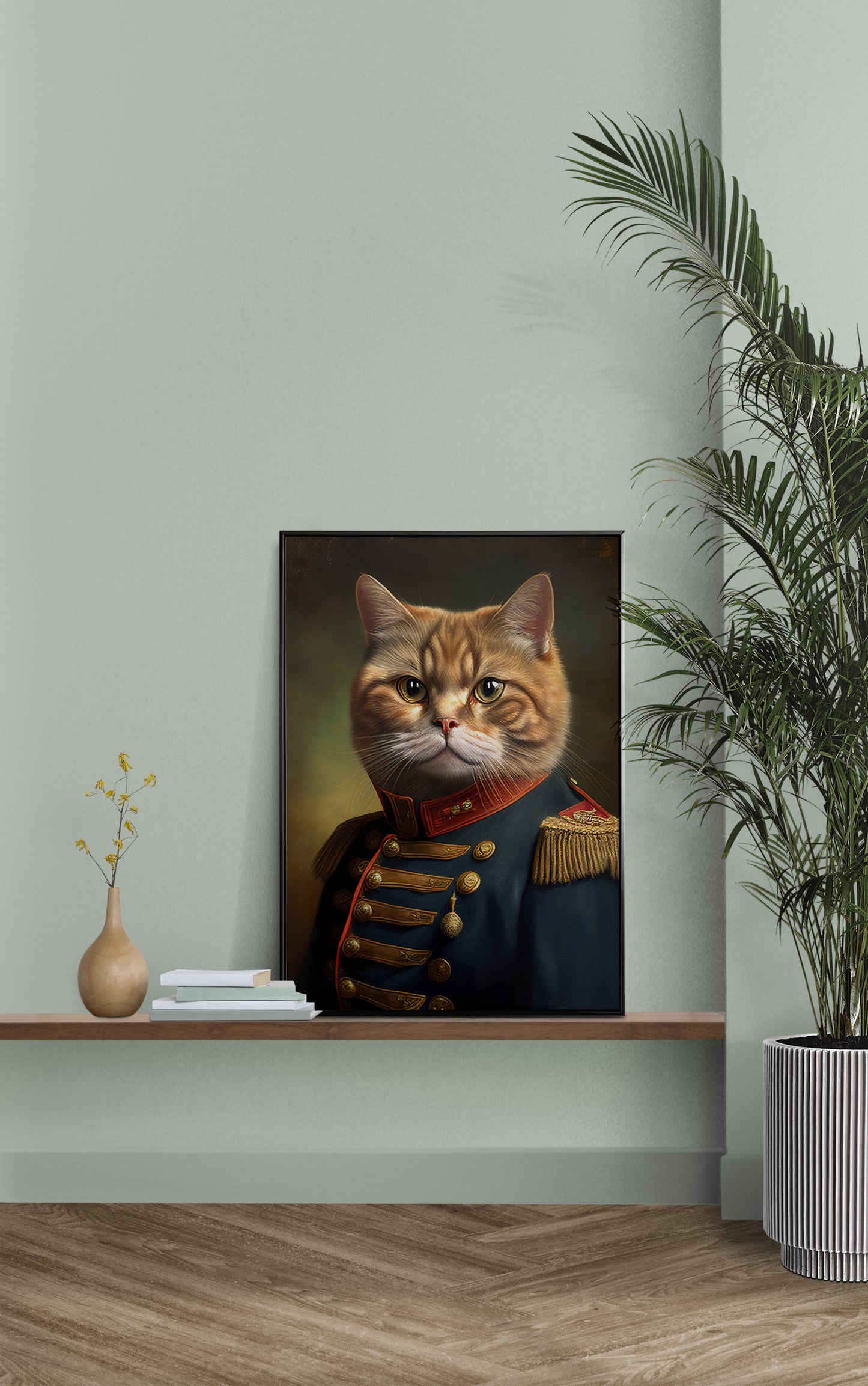 "Feline Hero Poster - Red Cat in Military Uniform | Animal Wall Art & Decor | Frameable Cat Canvas Print"