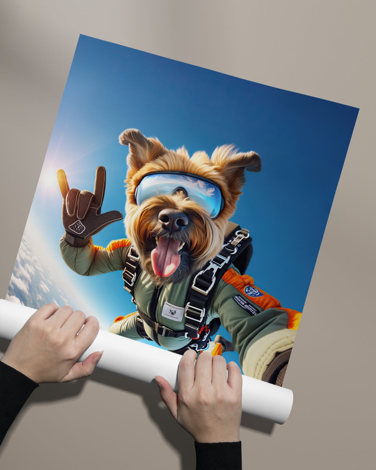 Affiche murale Briard en chute libre - Poster Chien Parachutiste, Décoration Sport Extrême, Idée cadeau originale