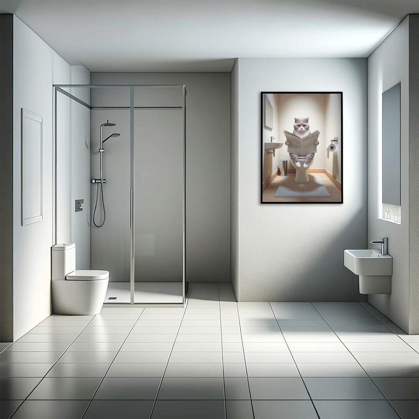 Poster of a British Shorthair Lilac White Cat on Toilet - Funny Bathroom Decor | Wall Art for Bathroom | WC Toilet Poster | Gag Gift