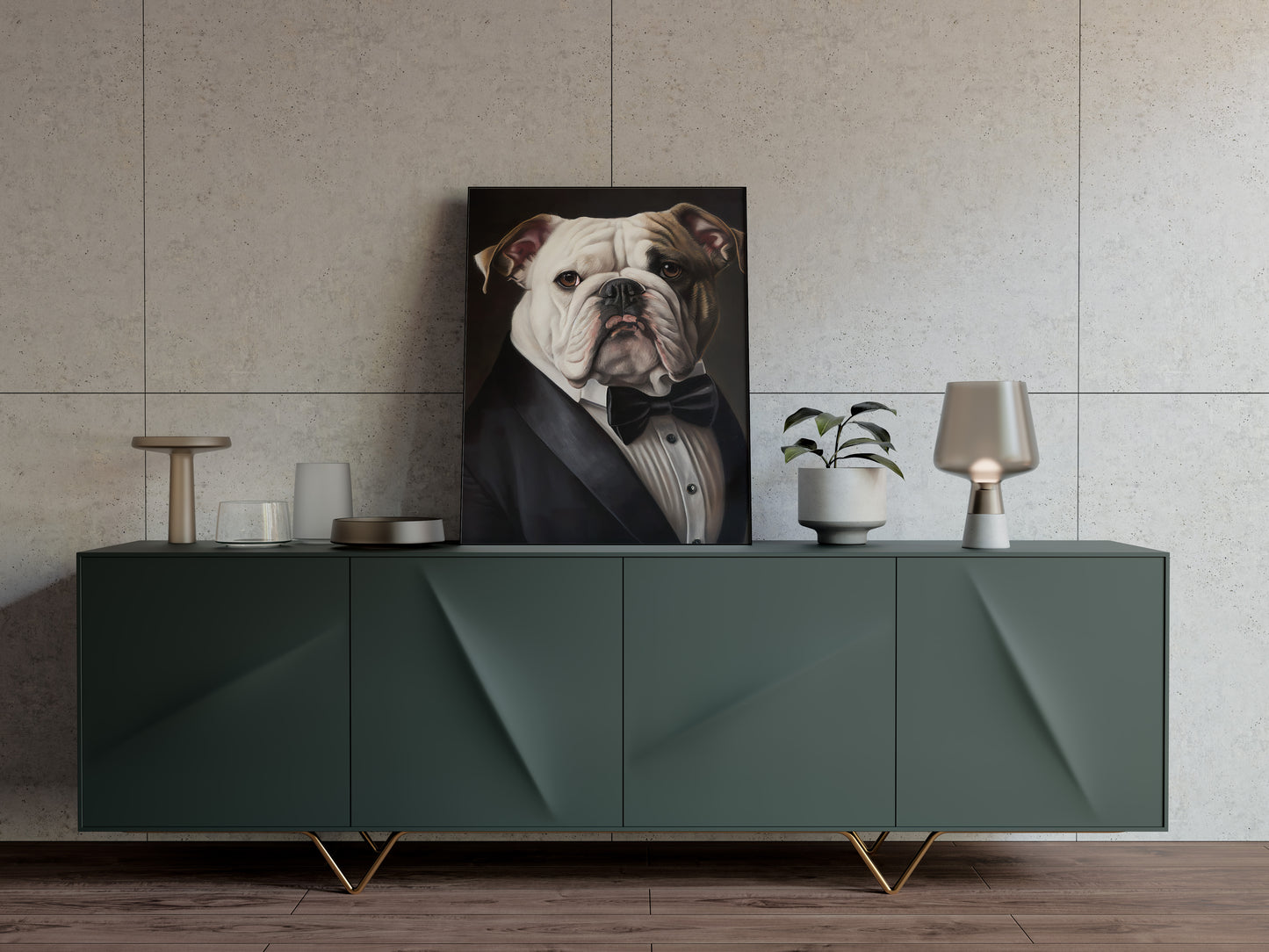 Poster Bulldog Anglais en Smoking | Art Mural Humour | Impression Bouledogue Tuxedo | Décoration Murale Chien Chic