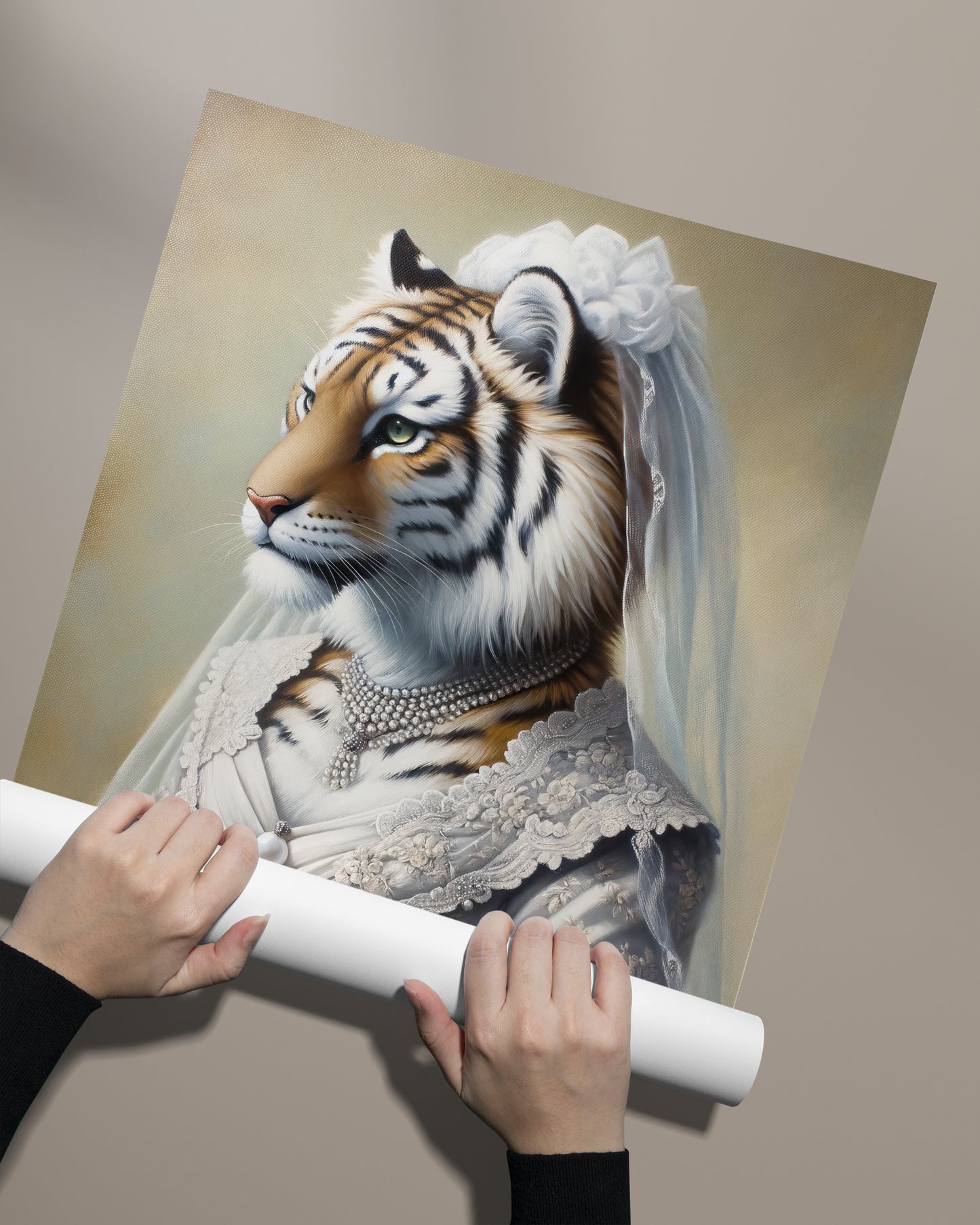 "Tigress in Wedding Dress Poster – Unique Animal Wall Art, Fun Bridal Décor, Ideal Gift, Framed or Unframed"