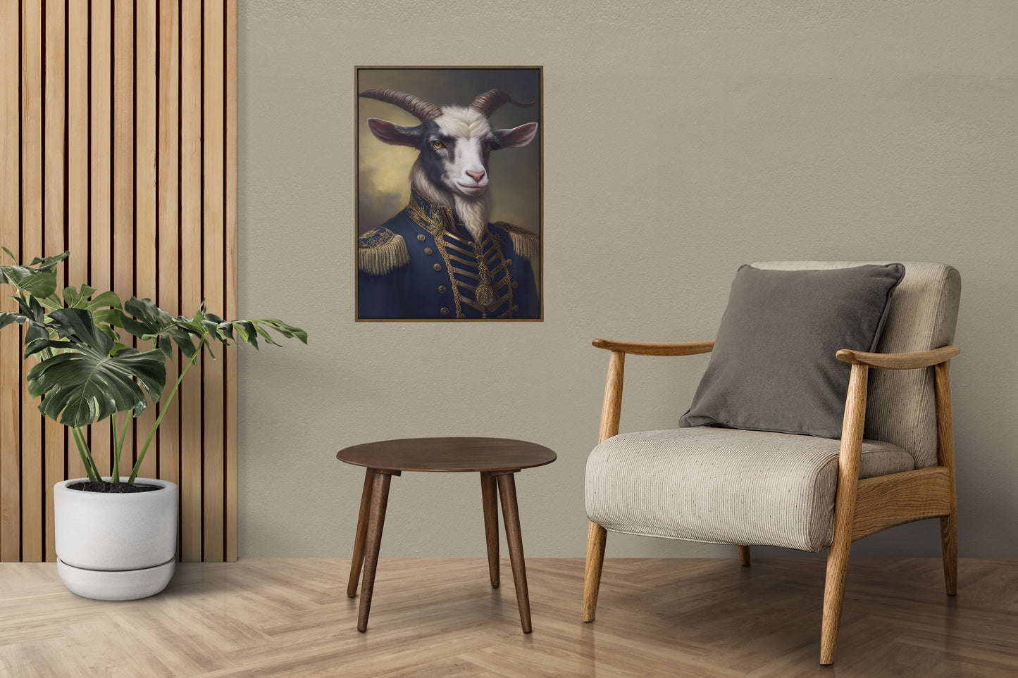 "Goat in Military Uniform Poster - Unique Animal Wall Art Decoration for Framing - Heroic Goat Portrait"