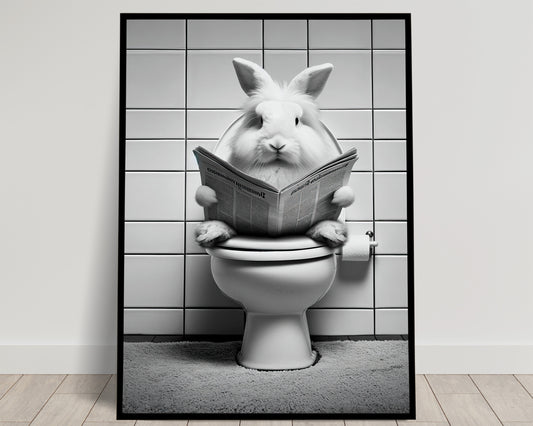 Rabbit Reading on Toilet Poster - Black and White Fun Bathroom Wall Art - WC Humor Decor - Funny Gift for Bathroom