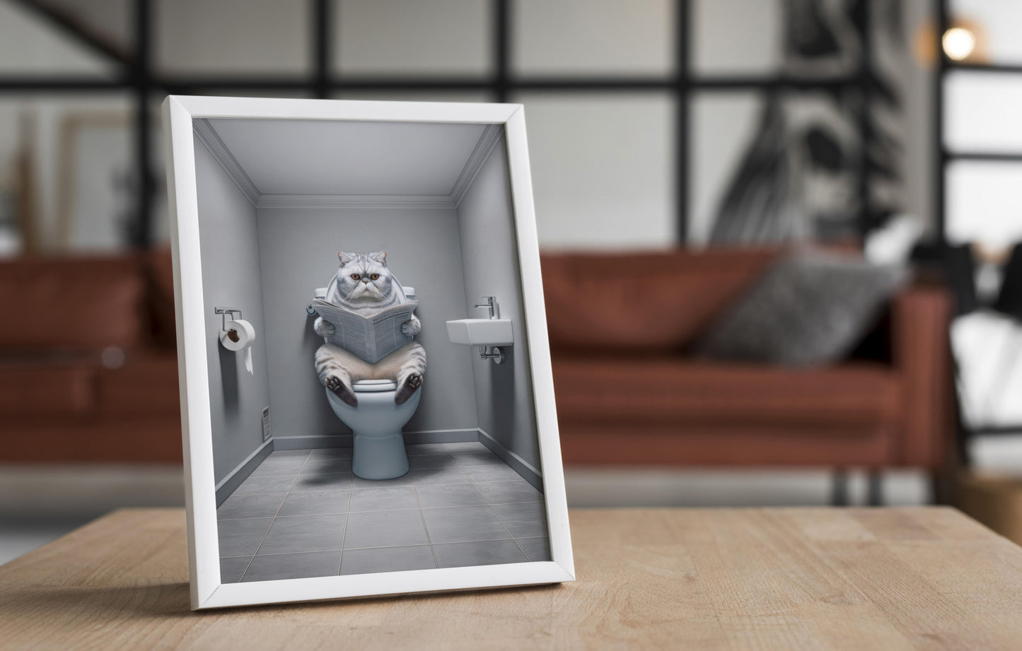 Affiche Murale Humour: Chat Gris Exotic Shorthair sur Toilettes - Déco WC Salle de Bain, Cadeau Original