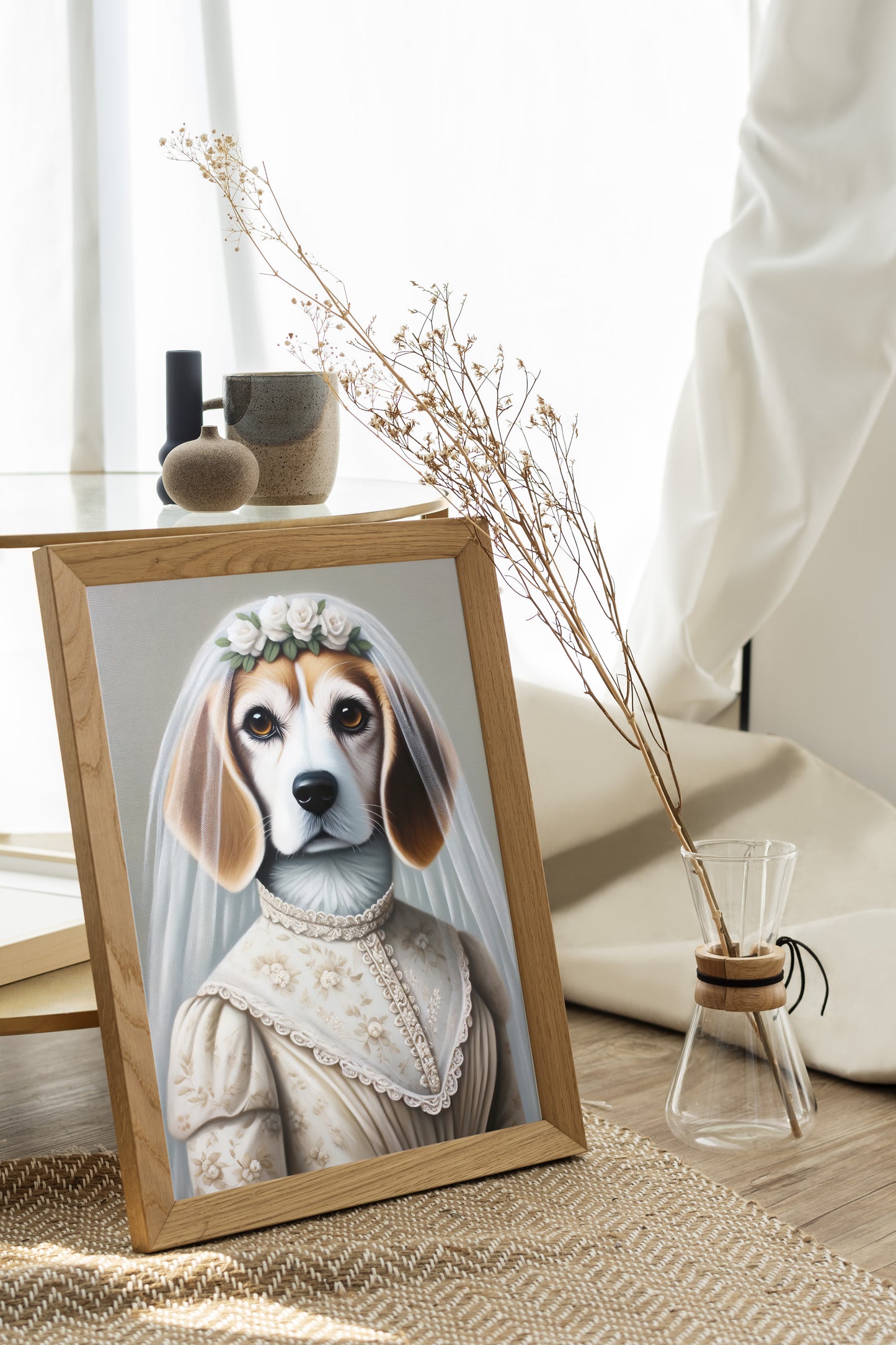 Portrait de Beagle en Mariée, Poster Déco Murale Animaux, Affiche Beagle Mariage, Cadre Humoristique