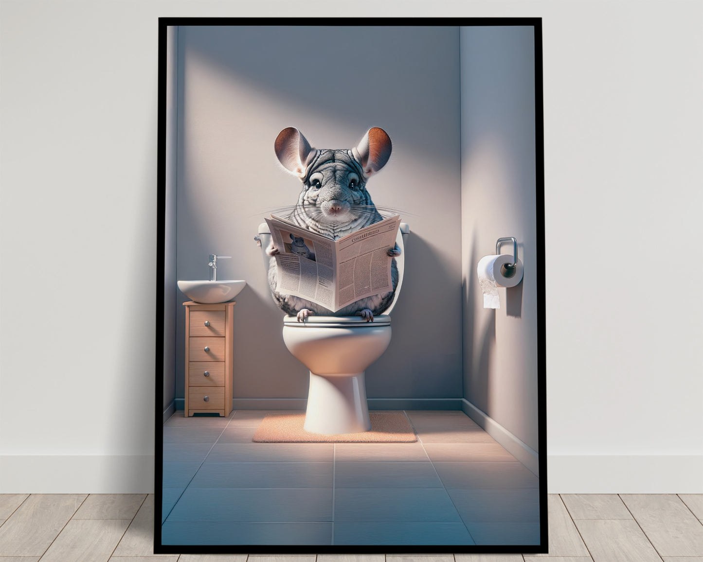 Poster Chinchilla lisant le journal aux toilettes, Décoration Humour WC, Salle de bain, Cadeau Fun, Art mural Toilettes