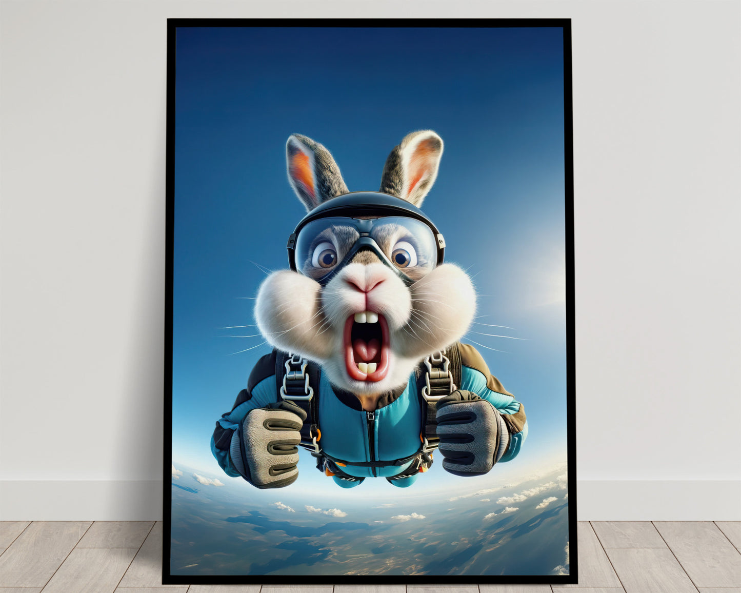 Affiche Murale Lapin en Parachute - Poster Animal Extrême - Décor Sport Aventure - Idée Cadeau Originale