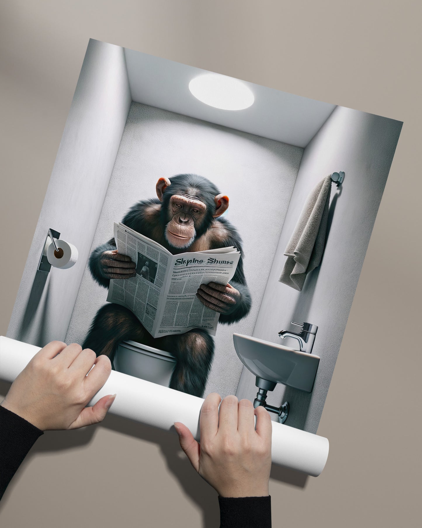 Chimpanzee Reading Newspaper Poster - Funny Bathroom Decor, WC Wall Art, Unique Gag Gift