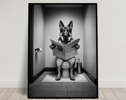 "German Shepherd Reading on Toilet Poster - Black & White Bathroom Wall Art - Fun WC Decor - Unique Gift"