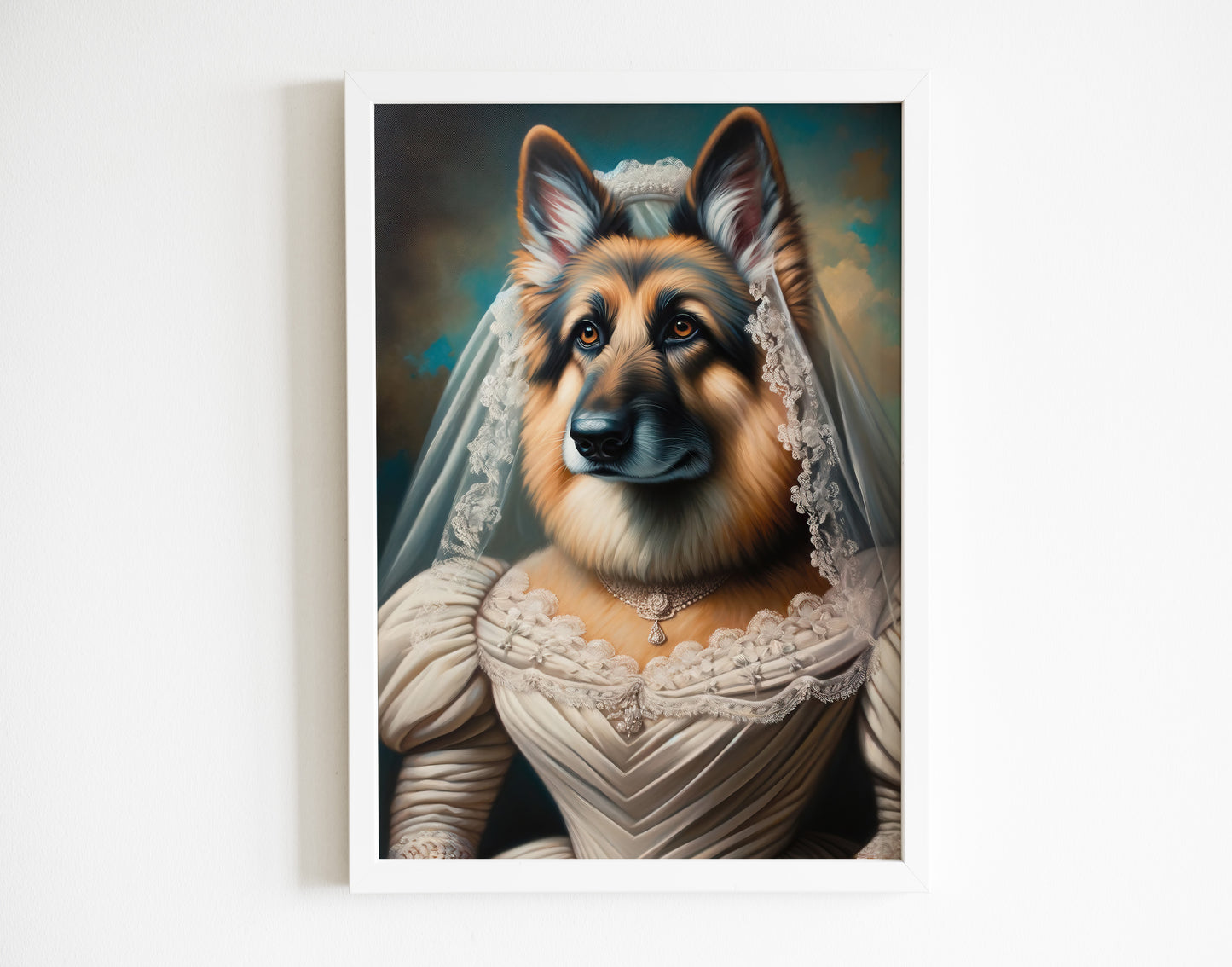 German Shepherd Wearing Wedding Dress Poster – Unique Animal Wall Art, Bride Decor, Perfect Gift for Dog Lovers