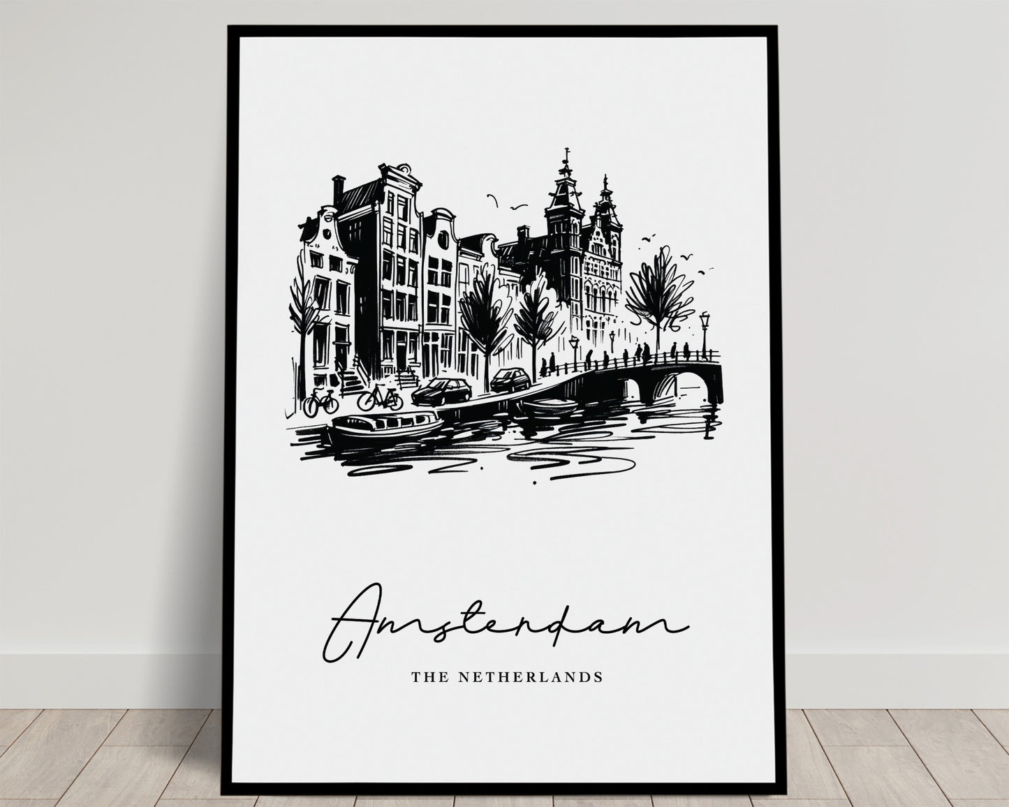 Poster des canaux d'Amsterdam - Art mural illustré pour salon, chambre et bureau, Idée cadeau chic et décoratif.