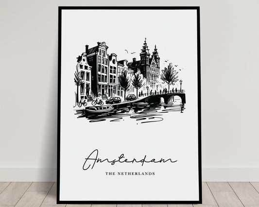 Amsterdam Landmarks Poster - Black and White Sketch for Living Room, Bedroom Decor, Office Art - Unique Travel Gift Idea