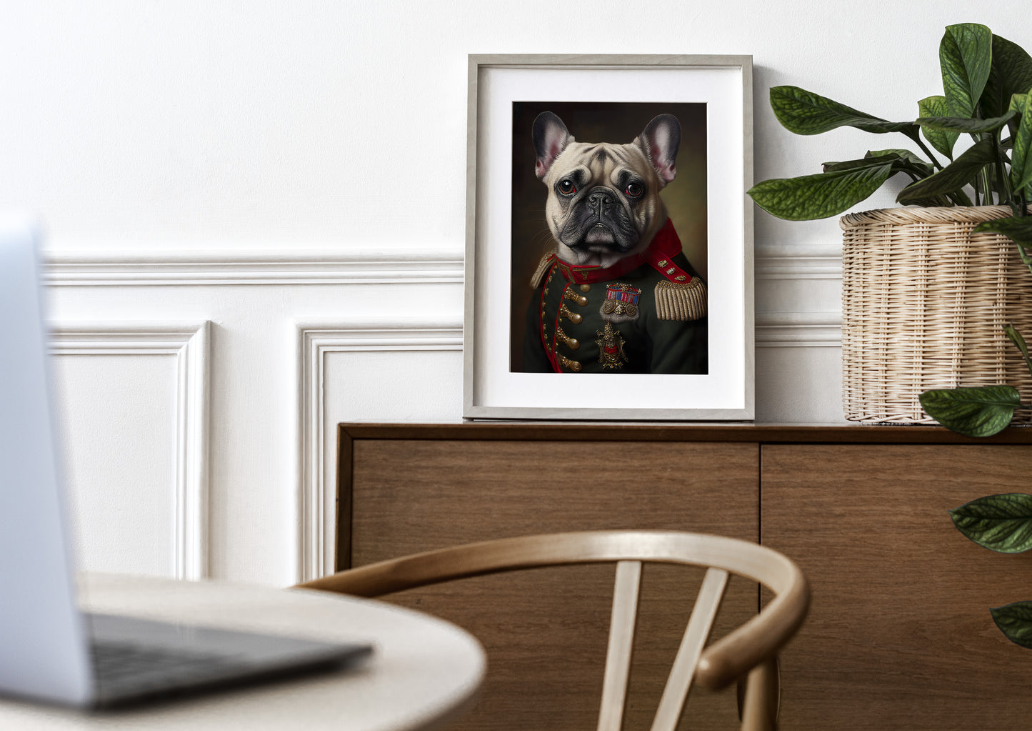 Poster mural : Portrait d'un Bulldog Français en Uniforme Militaire - Affiche murale chien, Décoration animale à encadrer