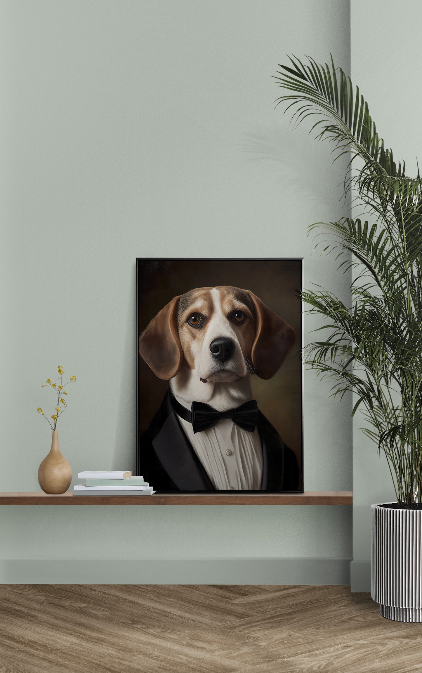 Poster portrait Beagle en smoking - Art mural chien élégant, Décoration mur drôle, Impression motif Tuxedo