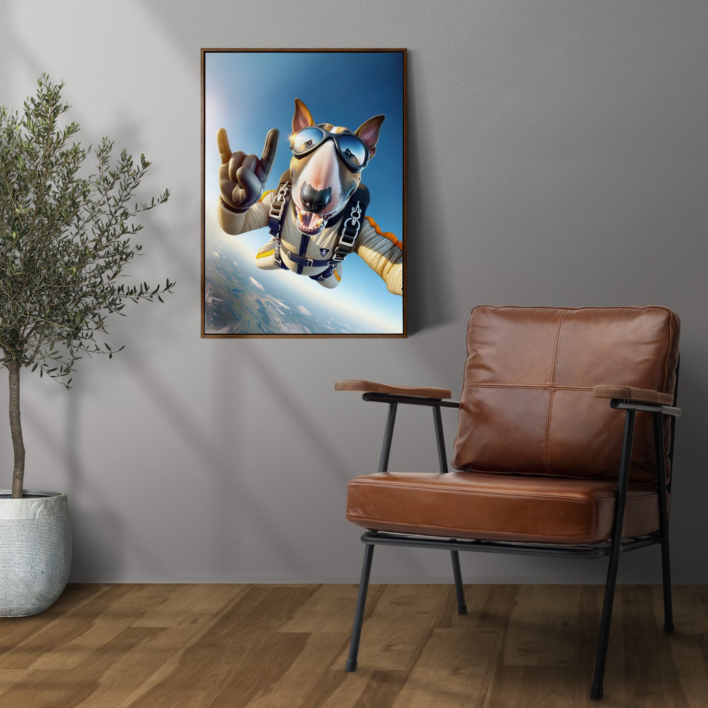 Epic Free Fall Bull Terrier Poster - Unique Skydiving Animal Print Wall Art for Extreme Sports Lovers Decor