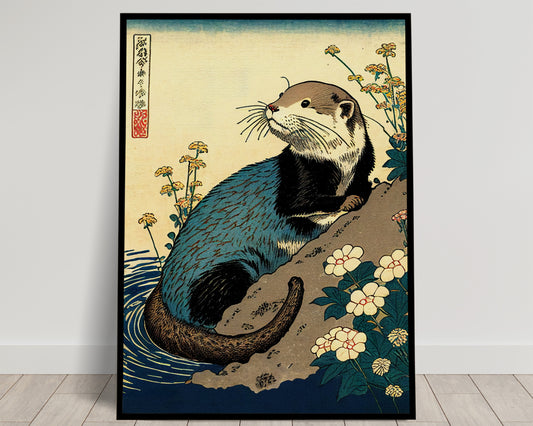 Affiche Poster Loutre - Illustration Style Art Japonais Ukiyo-e, Art Mural et Décoration Murale Originale