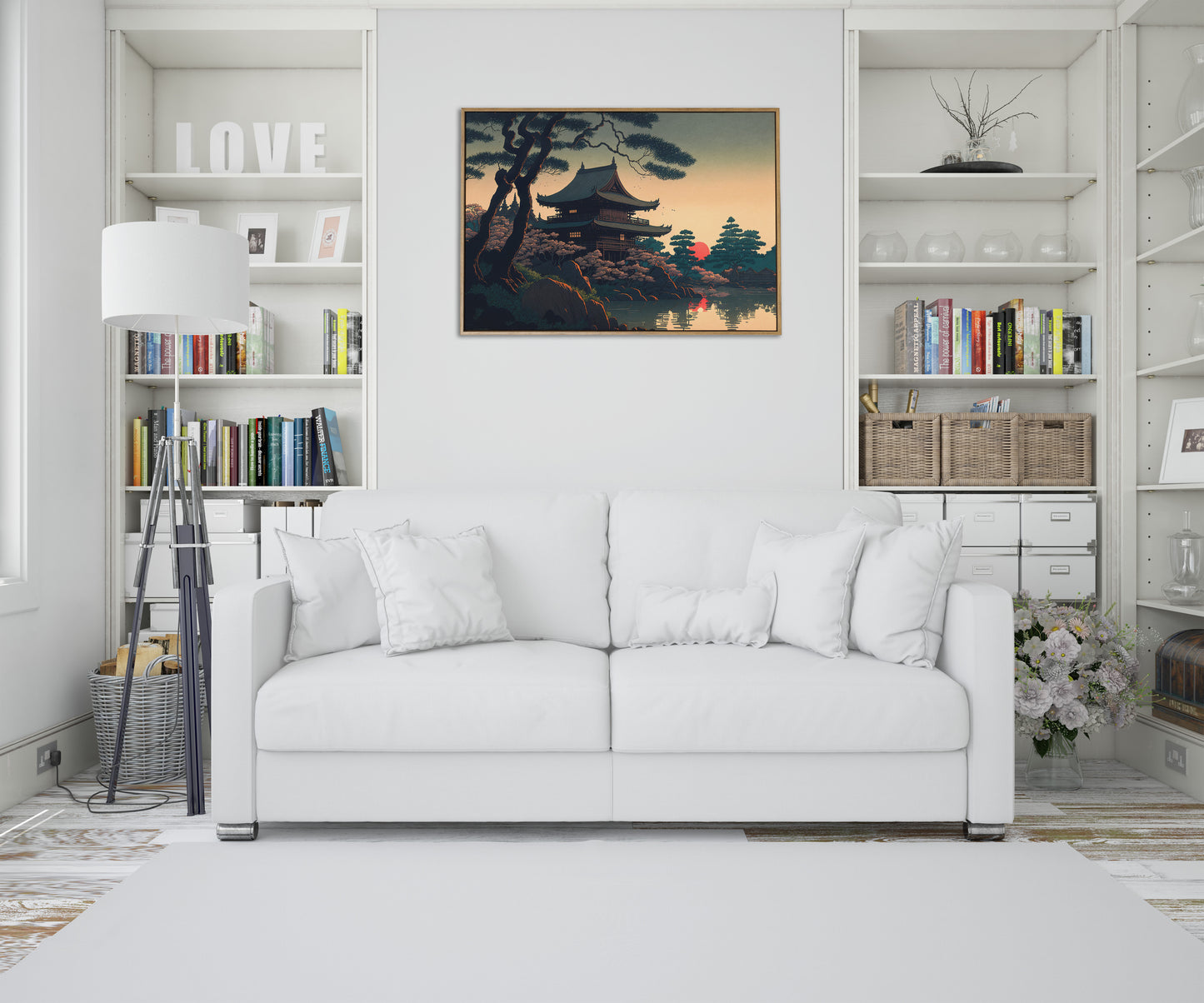 Japanese Temple Wall Poster, Art Style Illustration, Lake Landscape Decor, Frameable Wall Art