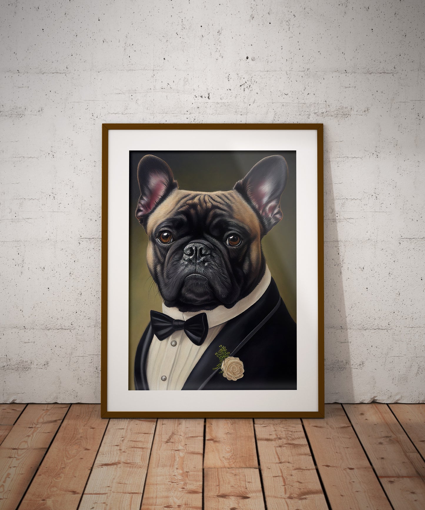 Poster chien chic - Portrait Bulldog français en smoking et tuxedo, Impression murale humoristique, Tableau déco murale