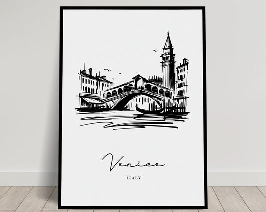 Venice Poster - Black and White Sketch of Venetian Landmarks - Living Room Wall Art - Bedroom Decor - Office Poster - Unique Travel Gift