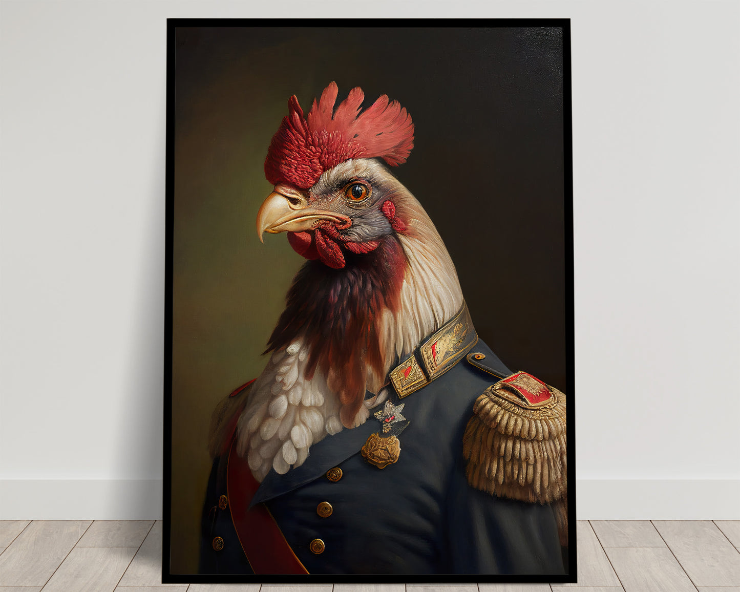 Heroic Rooster in Military Uniform Poster - Unique Animal Wall Art, Framed Poultry Decor, Perfect for Home & Office