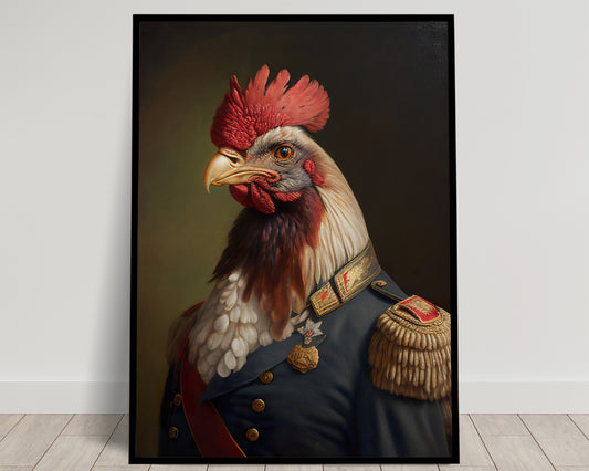 Poster de Coq en Uniforme Militaire - Art Animalier pour Décoration Murale - Affiche de Volaille Héroïque à Encadrer