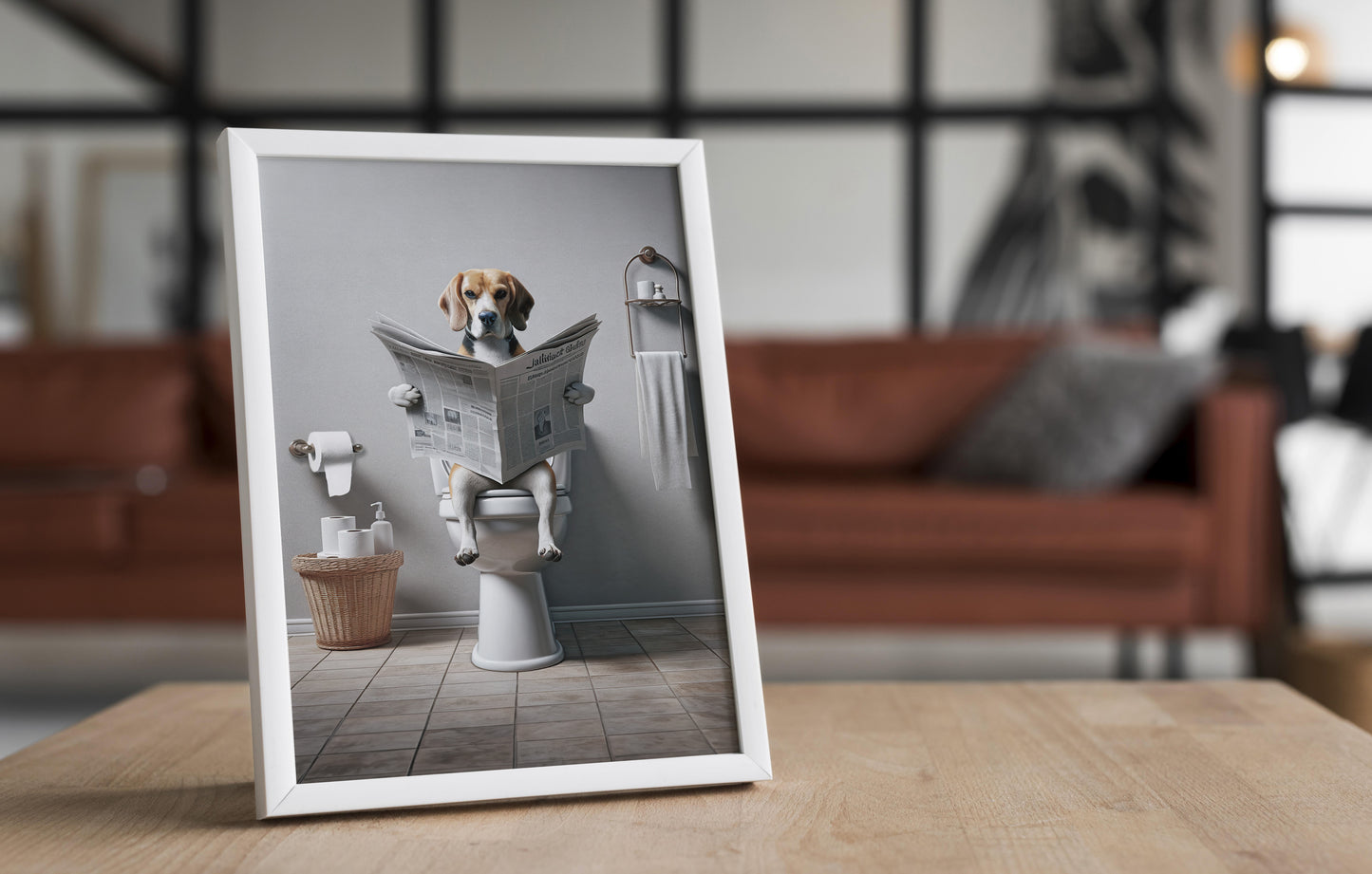 Beagle Reading Newspaper Bathroom Poster - Funny Bathroom Wall Art - Unique WC Toilet Decor - Humorous Gift