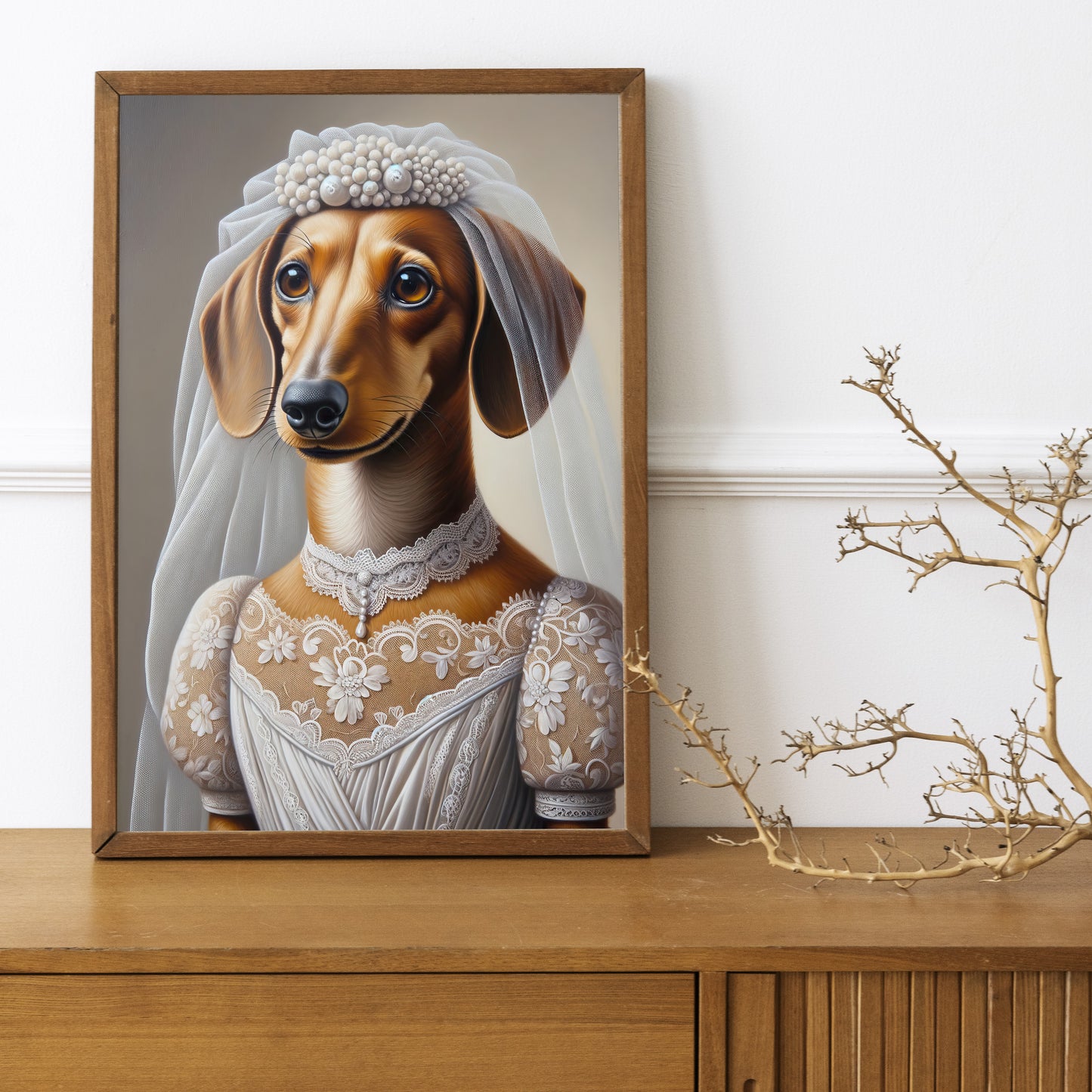 "Funny Dachshund Poster in Wedding Dress | Unique Animal Wall Art | Bride Dog Decor | Perfect Gift Ideas"