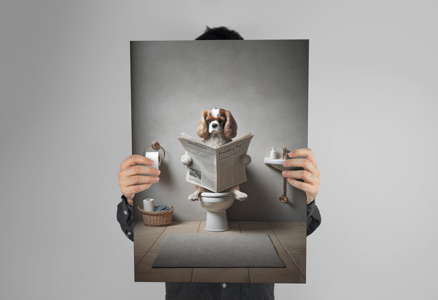 Poster Cavalier King Charles Spaniel lisant le journal, Déco Humour Salle de Bain, Cadre Illustré Toilettes