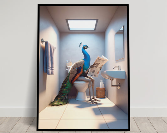 Poster Humoristique : Paon Lisant le Journal aux Toilettes, Déco Salle de Bain Drôle, Cadeau Amusant, Art Mural WC