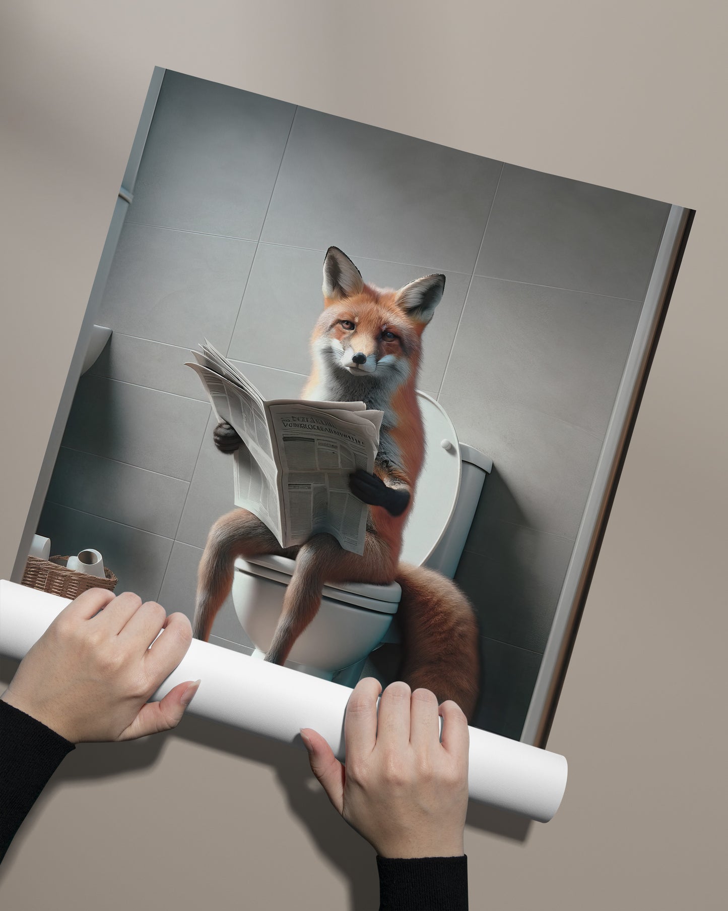 Funny Fox on Toilet Reading Newspaper Poster - Unique Bathroom Wall Art, Humorous WC Decor, Gag Gift