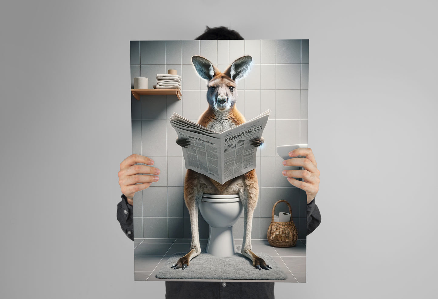 Funny Kangaroo Reading Newspaper Toilet Poster - Unique Bathroom Wall Art Decor - Hilarious WC Gift