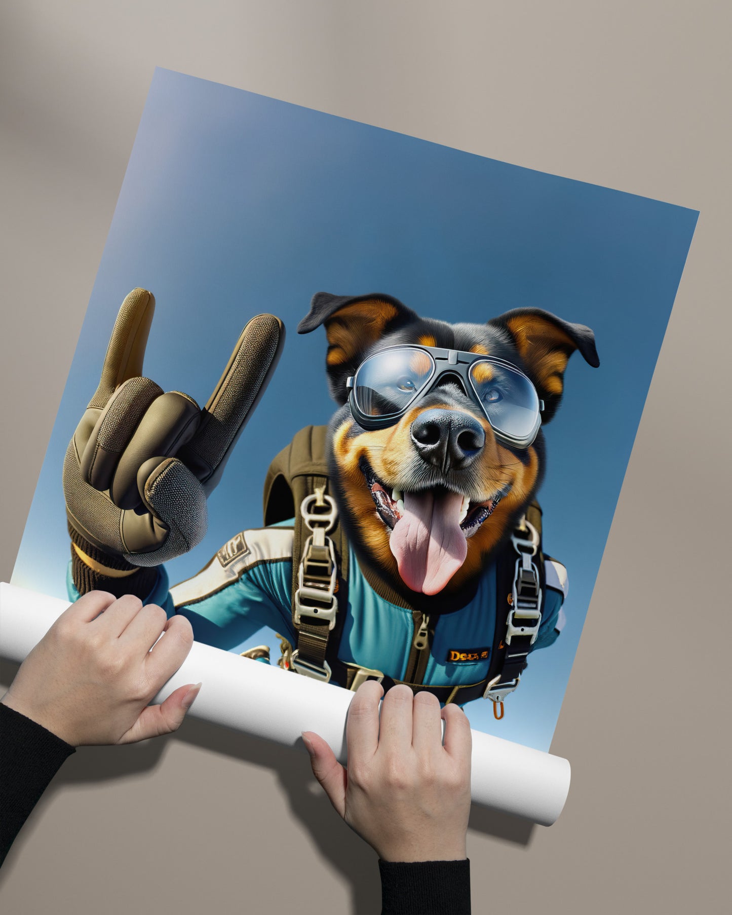 Affiche Murale Beauceron en Parachute - Poster Chien Skydiving Sport Extrême - Décor et Cadeau Unique