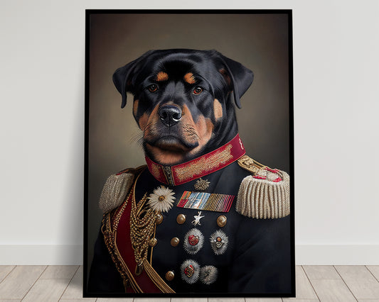 Poster Portrait Rottweiler en Uniforme Militaire - Art Mural Animal Drôle, Impression Murale Rottweiler Héroïque