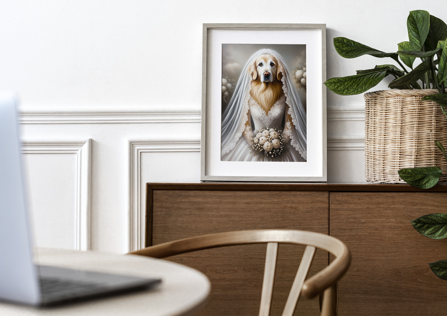 Poster Décoration Murale Chien Mariage - Golden Retriever en Robe de Mariée - Affiche Murale Animaux Humour