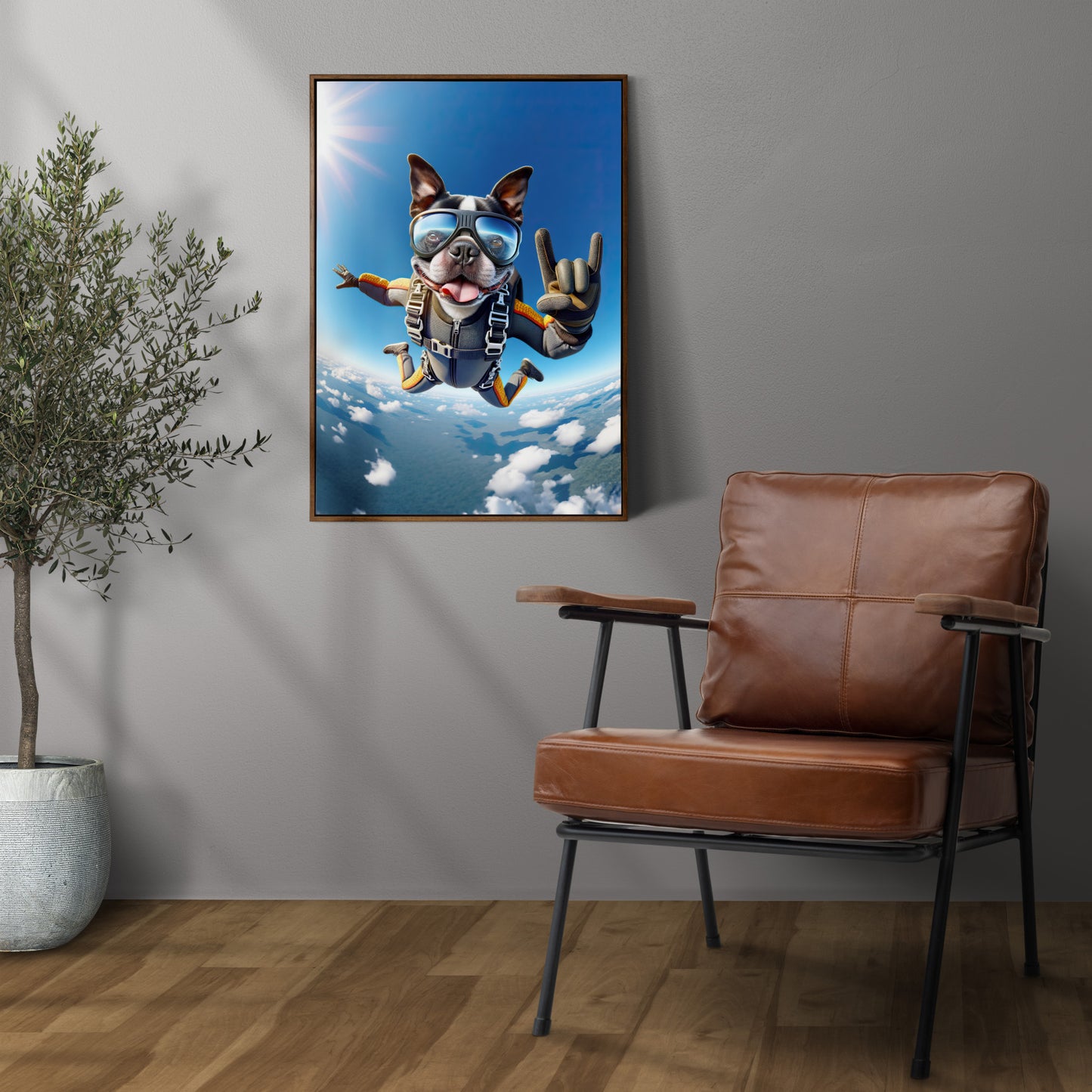 "Epic Skydiving Boston Terrier Poster - Unique Animal Print Wall Art for Dog Lovers - Extreme Sport Decor"