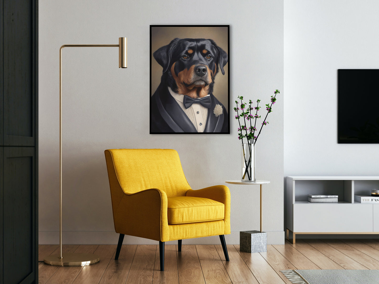 Rottweiler in Tuxedo Poster - Chic Wall Art Print, Humorous Dog Painting for Home Decor