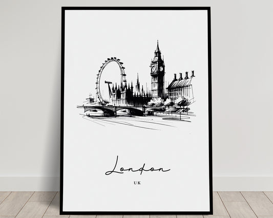 Black and White London Landmark Sketch Poster - Living Room, Bedroom, Office Wall Art - Unique Travel Gift Idea