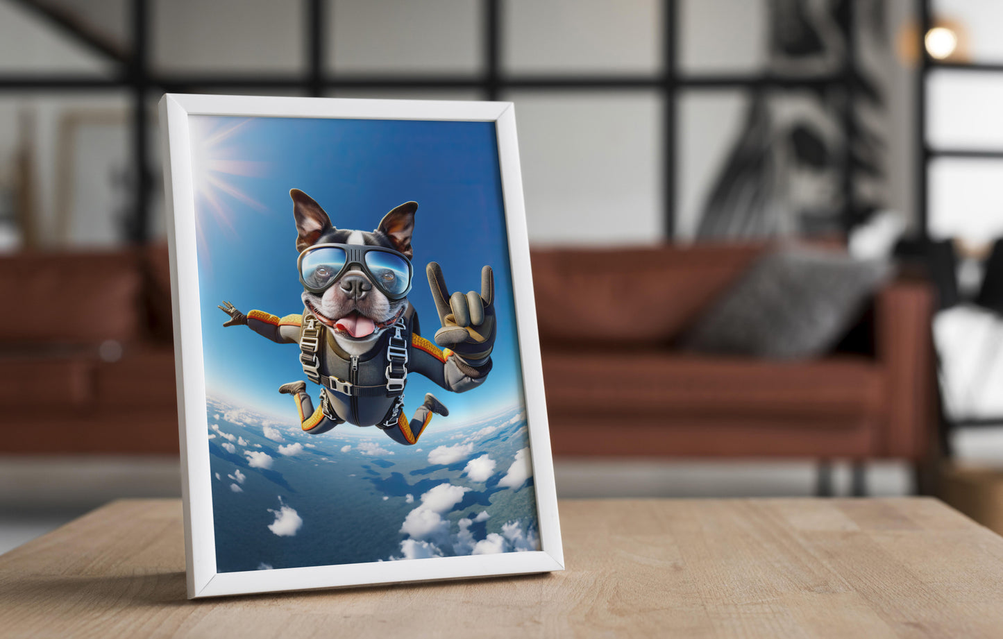 "Epic Skydiving Boston Terrier Poster - Unique Animal Print Wall Art for Dog Lovers - Extreme Sport Decor"