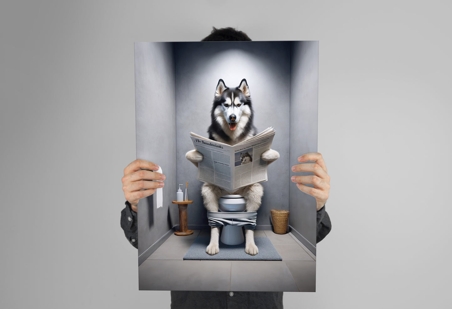 Poster Humoristique Husky lisant le Journal, Déco WC, Cadre Salle de Bain, Idée Cadeau Amusante