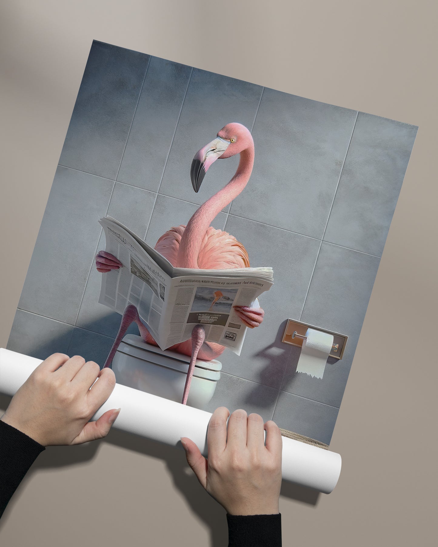 Poster Humour : Flamant Rose lisant le journal sur les toilettes, Décoration Salle de bain, Cadre WC, Cadeau Amusant