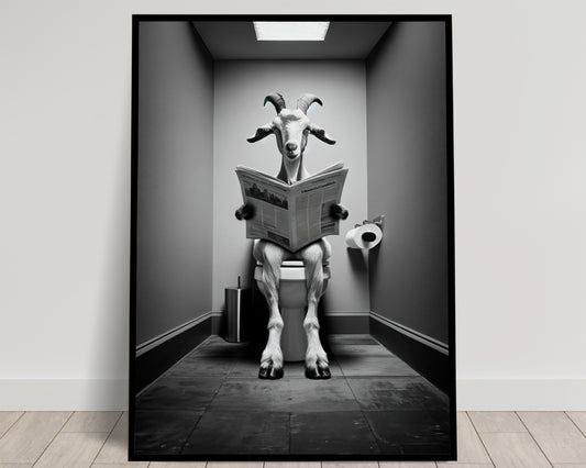 Black & White Goat Reading on Toilet Poster - Funny Bathroom Wall Art Decor - WC Toilet Poster Gift