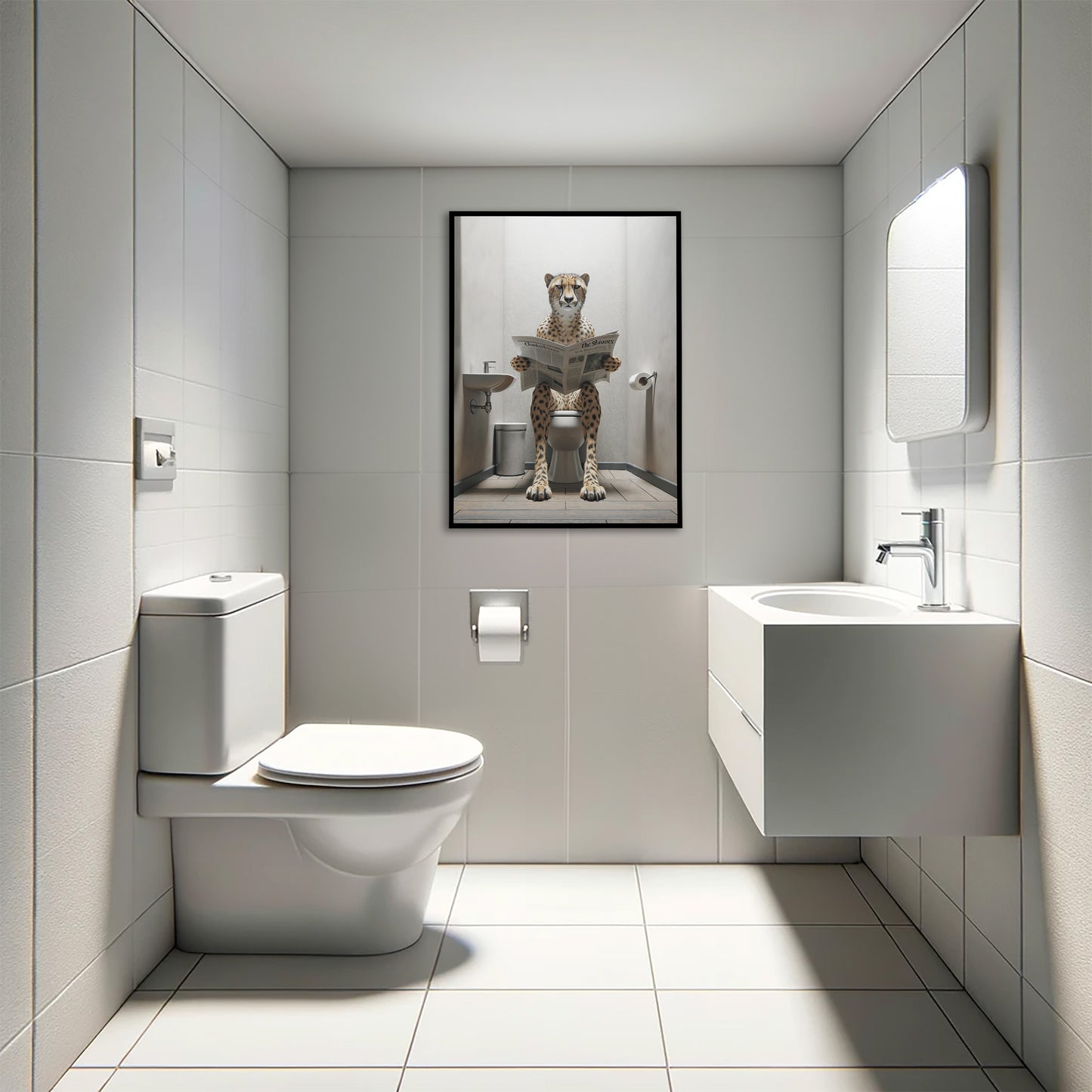 Cheetah Reading Newspaper on Toilet Poster - Funny Bathroom Wall Art - Unique WC Decor - Hilarious Gift Idea