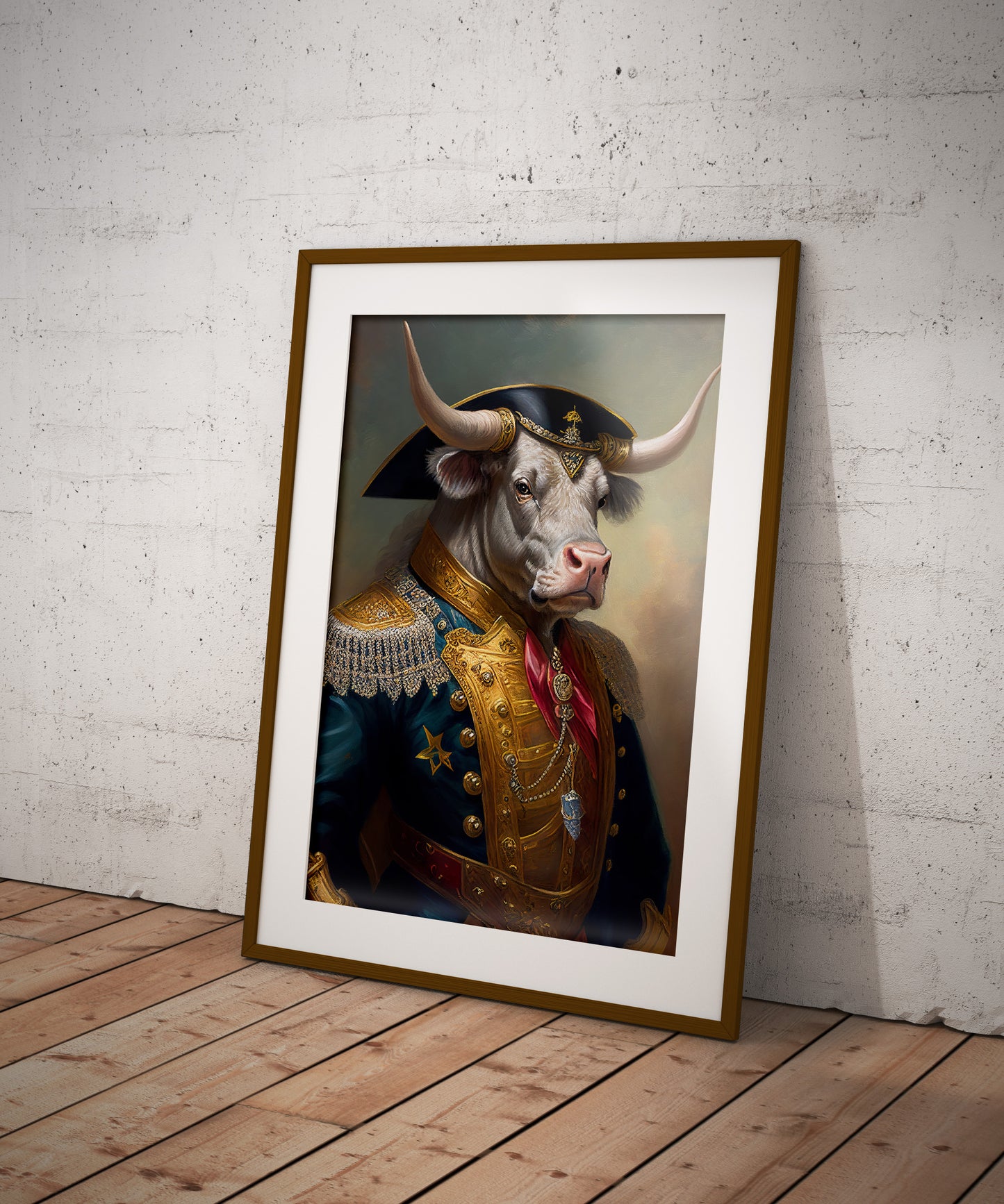 Bull Poster in Military Uniform | Animal Wall Art Decoration | Unique Bull Portrait Poster