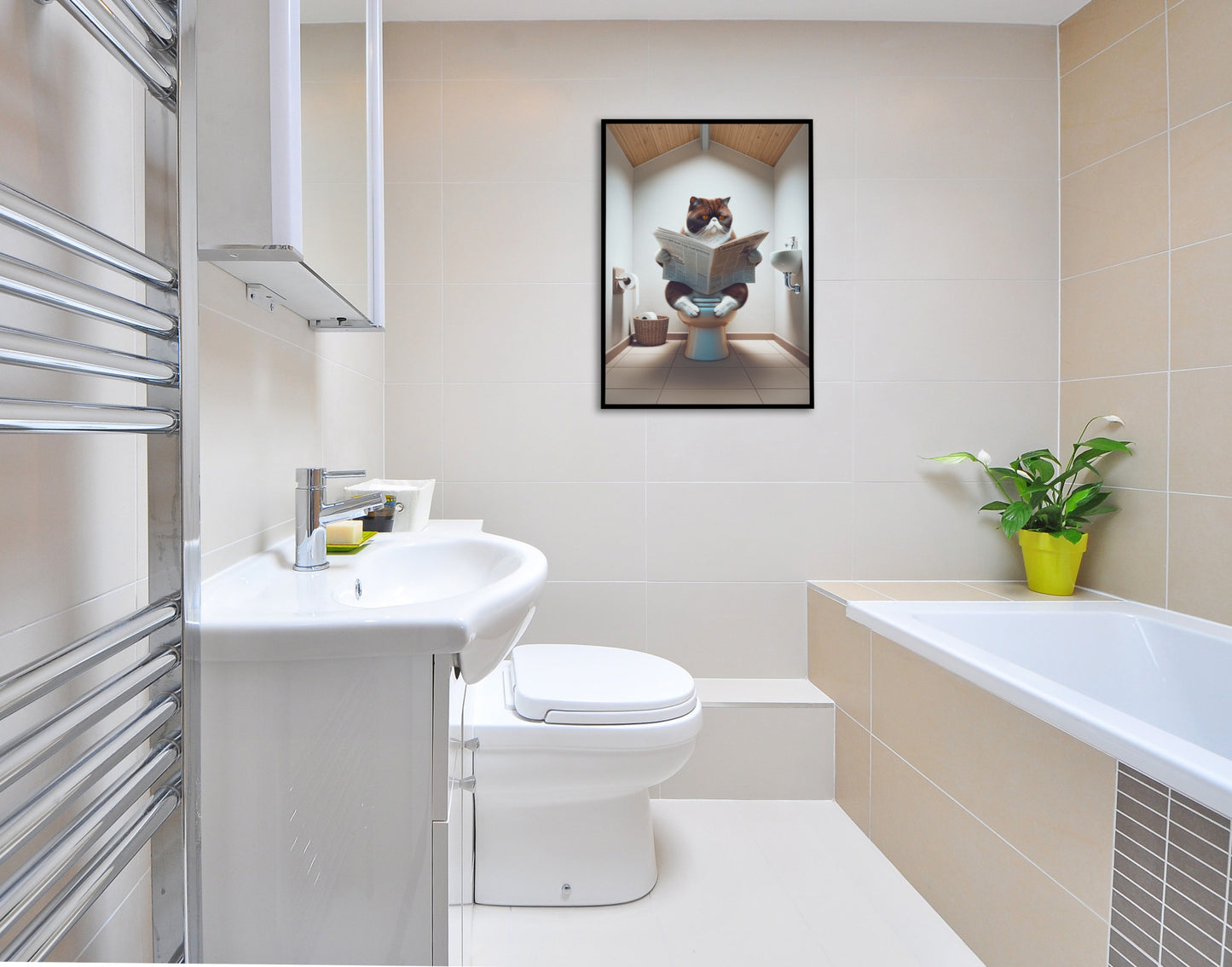 Affiche Humour Chat Exotic Shorthair Blanc et Chocolat aux Toilettes, Décoration WC & Salle de Bain, Idée Cadeau Originale